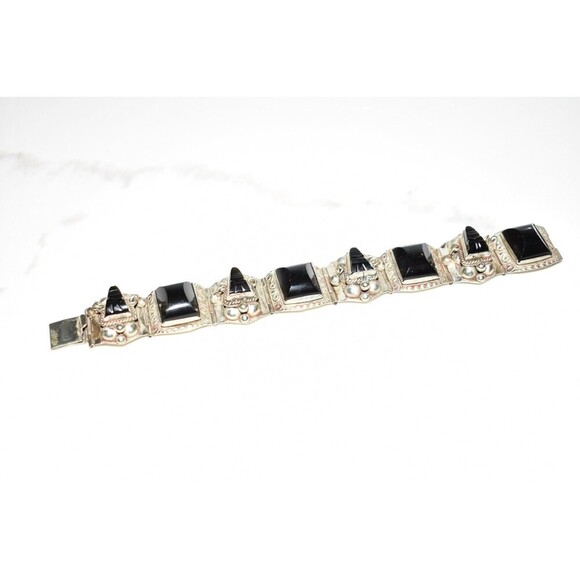 Vintage Aztec Mask Bracelet Black Onyx Alpaca Silver Beautiful 7” made in Mexico - Picture 12 of 16